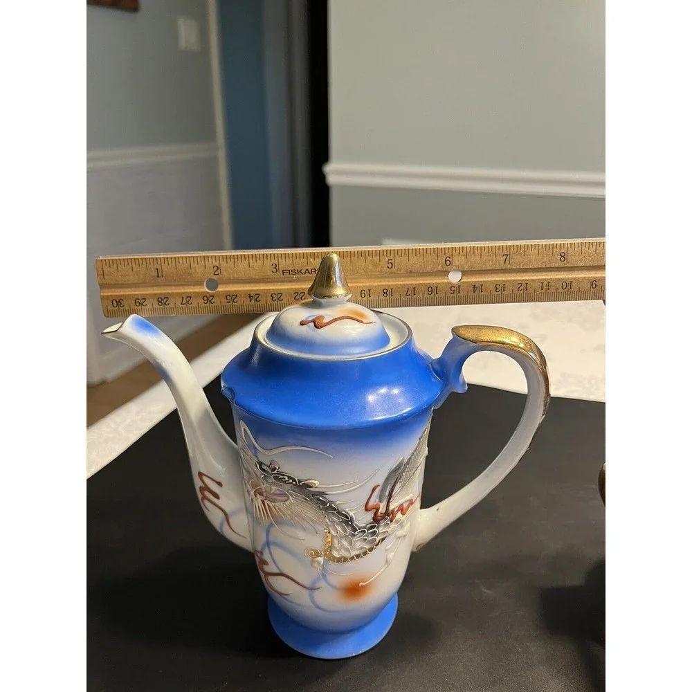 Vintage Dragonware Moriage Blue White Coffee Tea Pot Sugar Creamer Set